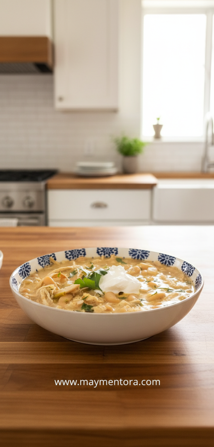 Creamy white chicken chili in crockpot ready to serve