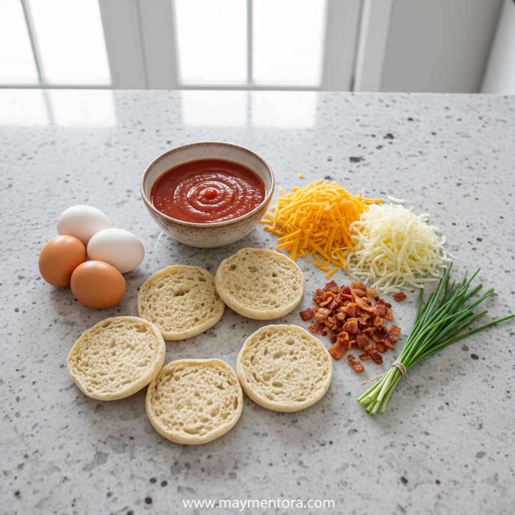 Fresh ingredients for English muffin breakfast pizza including eggs, cheese, and vegetables