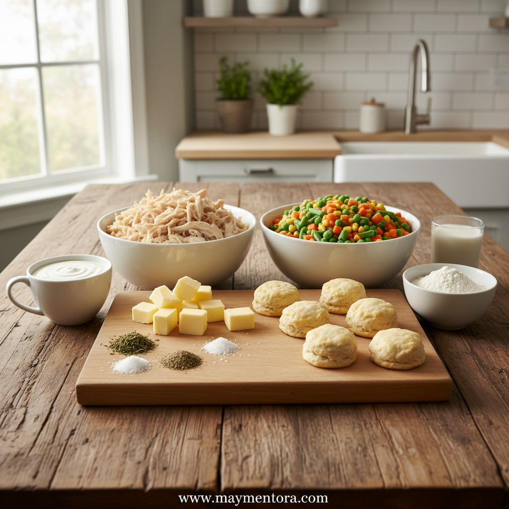 Ingredients for chicken pot pie recipe including chicken, vegetables, and biscuits