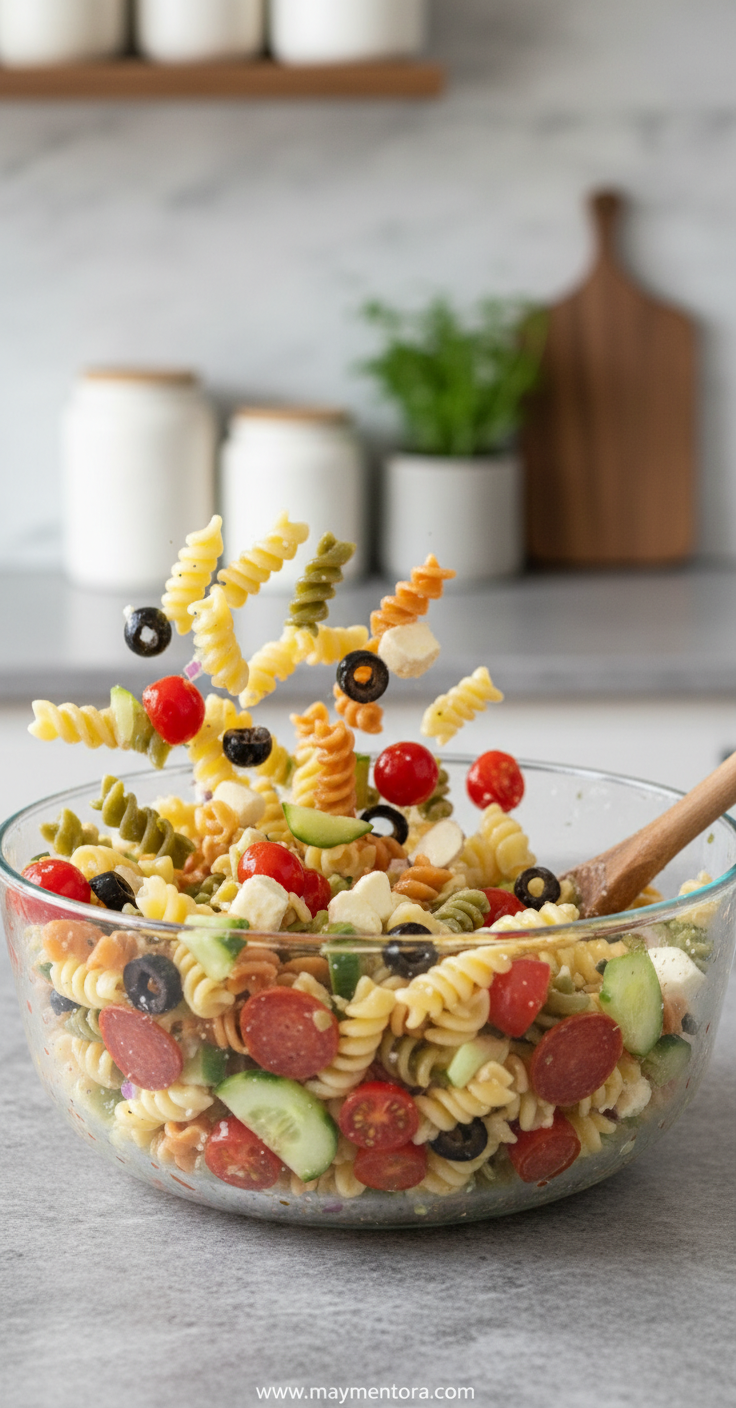 Cooking pasta and mixing ingredients for Sicilian pasta salad