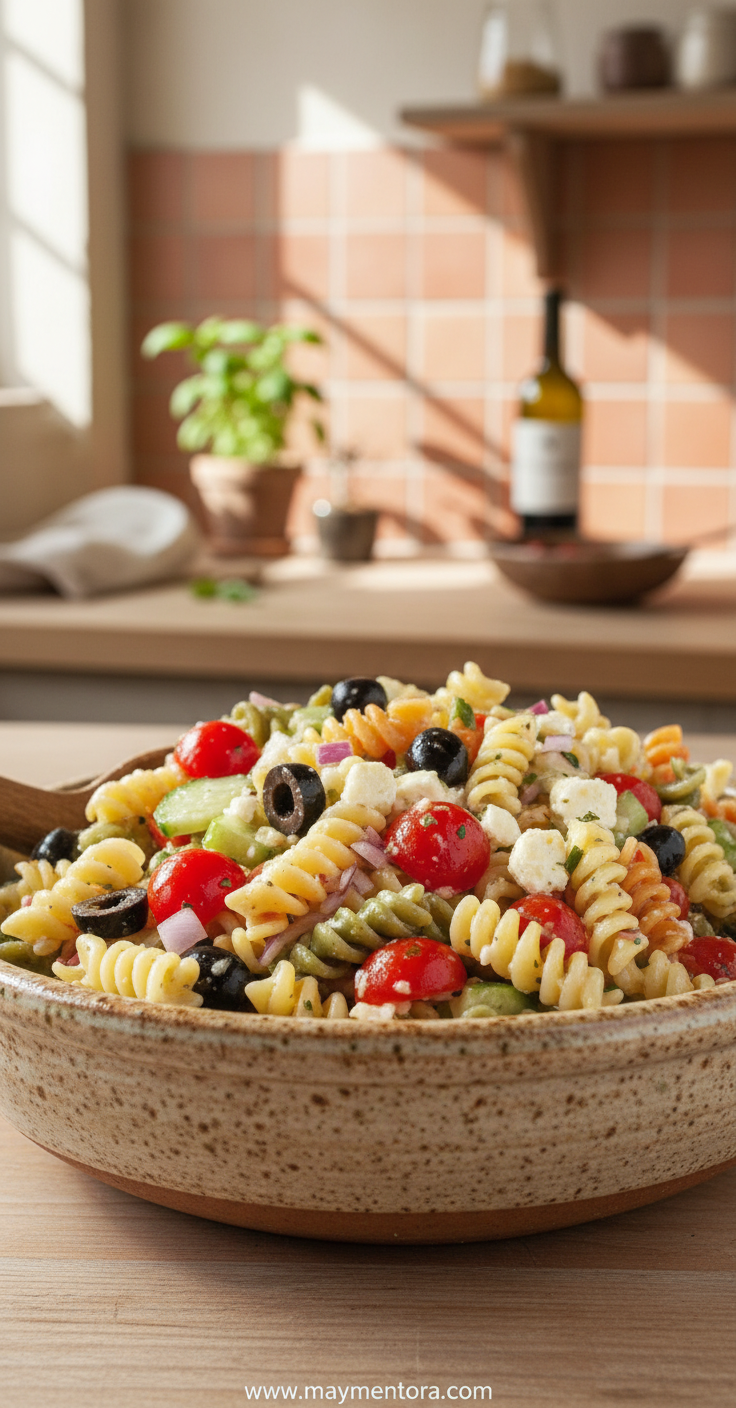 Beautiful Sicilian pasta salad with fresh vegetables and Italian dressing