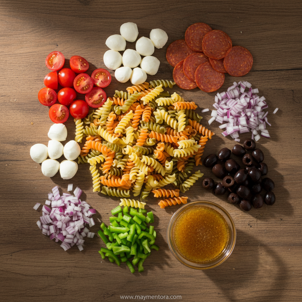 Fresh ingredients for Sicilian pasta salad including tomatoes, olives, and peppers