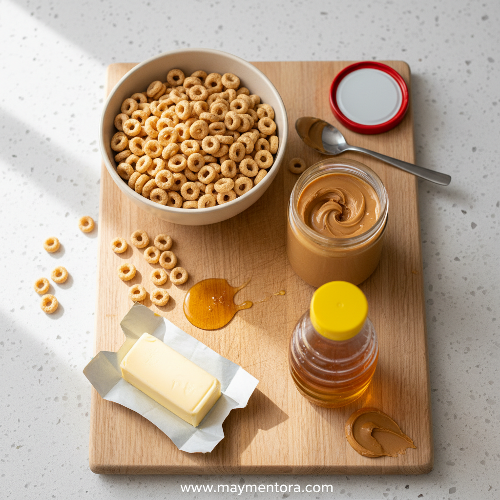 Ingredients for homemade cheerio peanut butter bars