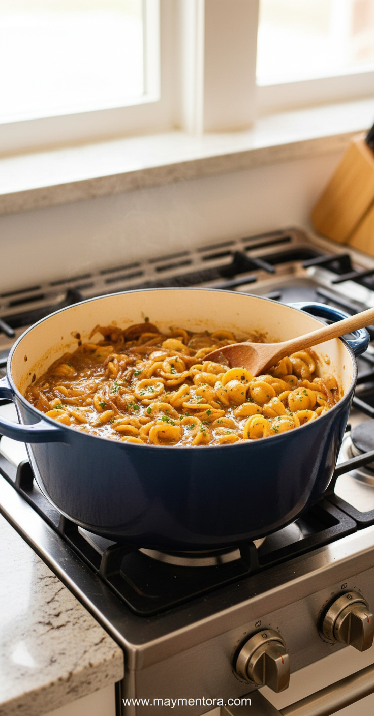 French Onion Pasta cooking process showing caramelized onions