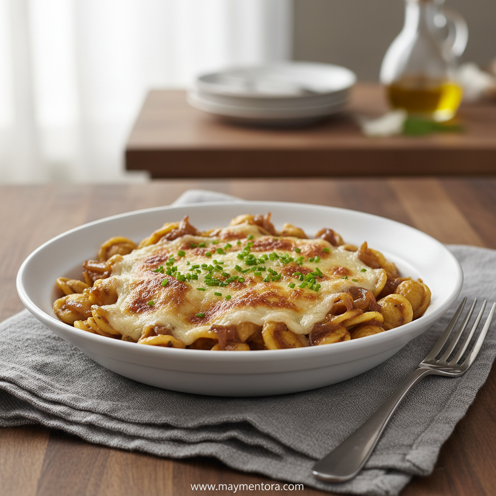 Finished French Onion Pasta dish ready to serve