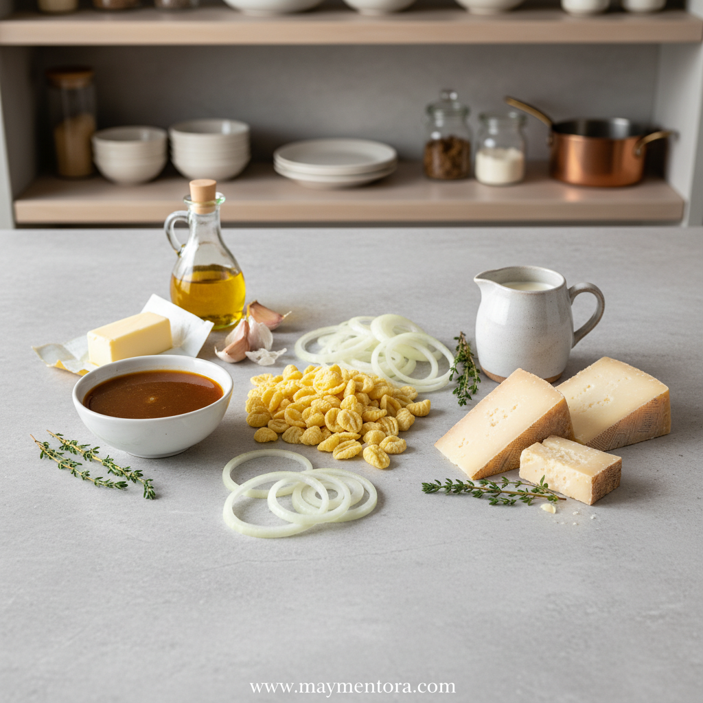 French Onion Pasta ingredients laid out on counter