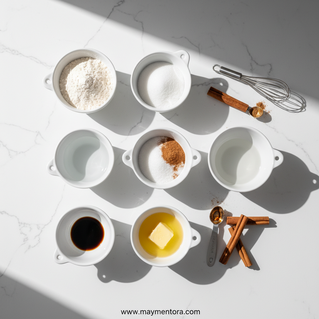 Ingredients for air fryer churros including flour, cinnamon, sugar, butter, and eggs