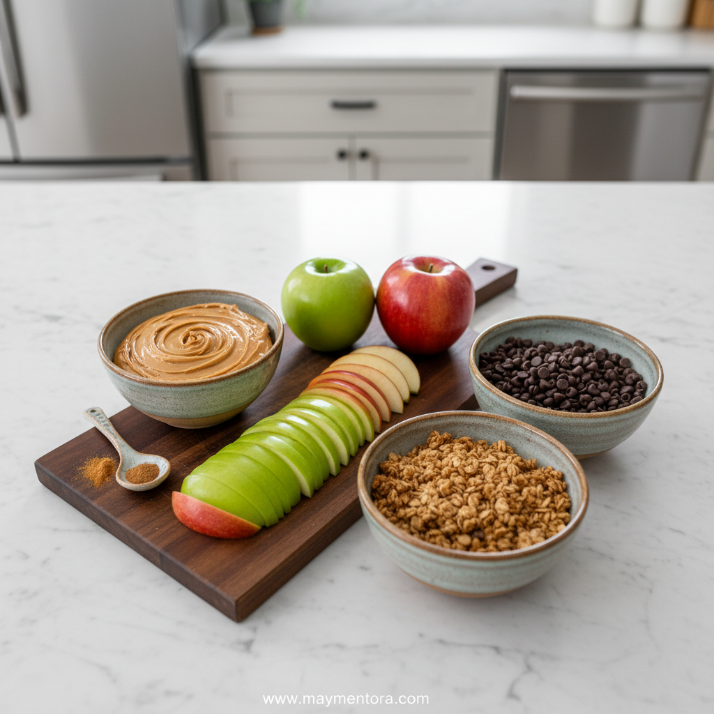 Fresh ingredients for apple nachos arranged on a kitchen counter