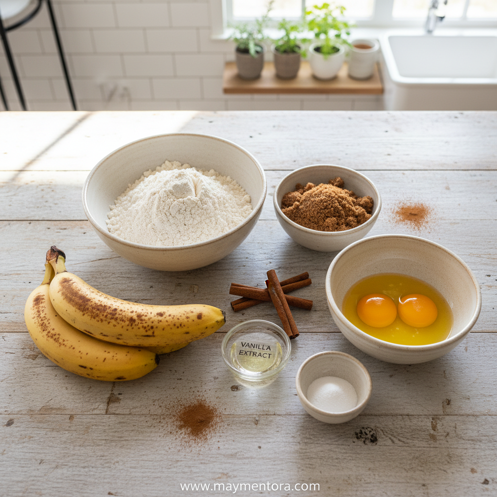 All ingredients for cinnamon banana nut bread laid out on counter