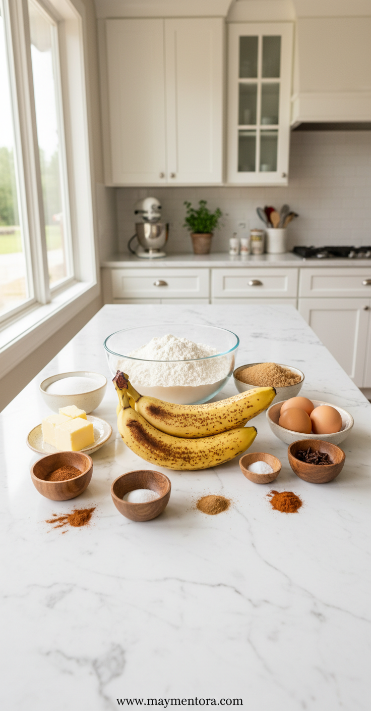 Ingredients for cinnamon swirl banana bread laid out on counter