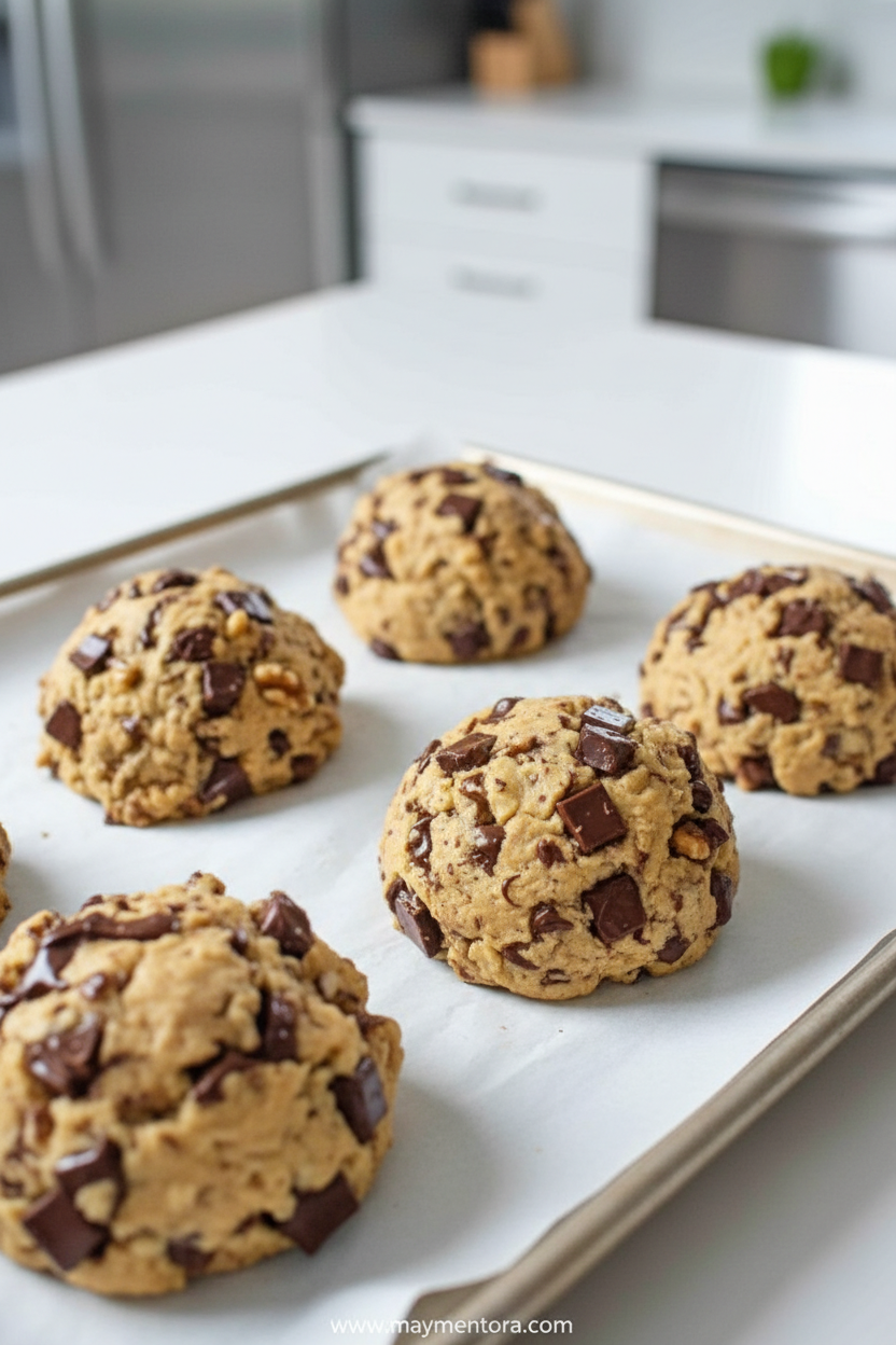 Cookie dough being scooped onto baking sheet
