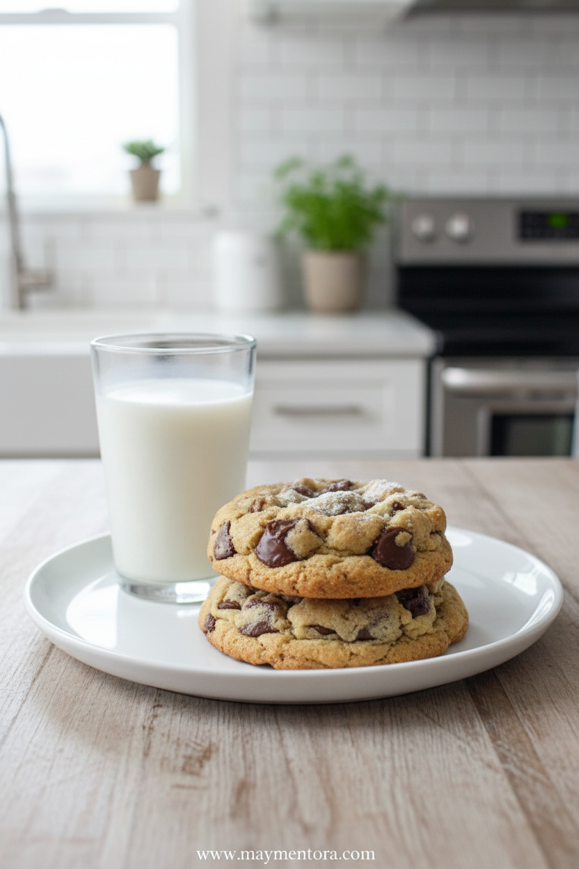 Perfectly baked chocolate chip cookies ready to eat