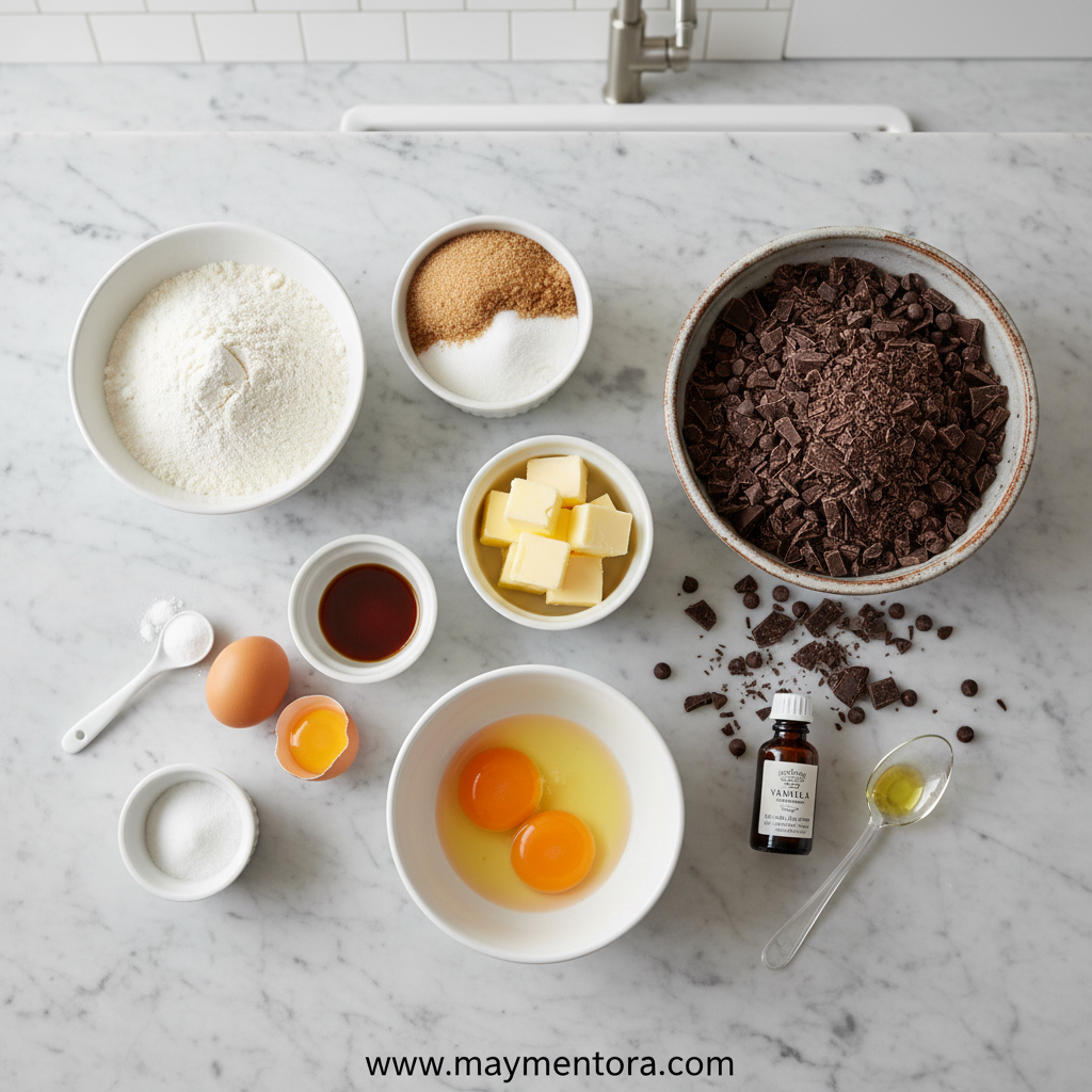 All ingredients for homemade chocolate chip cookies laid out neatly