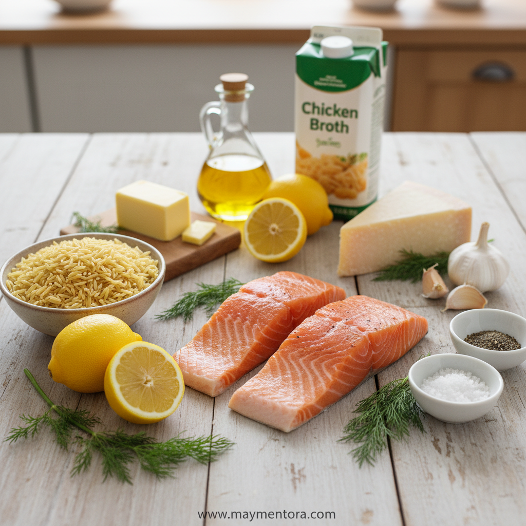 Fresh ingredients for salmon orzo recipe including salmon, orzo, corn, spinach, and lemon