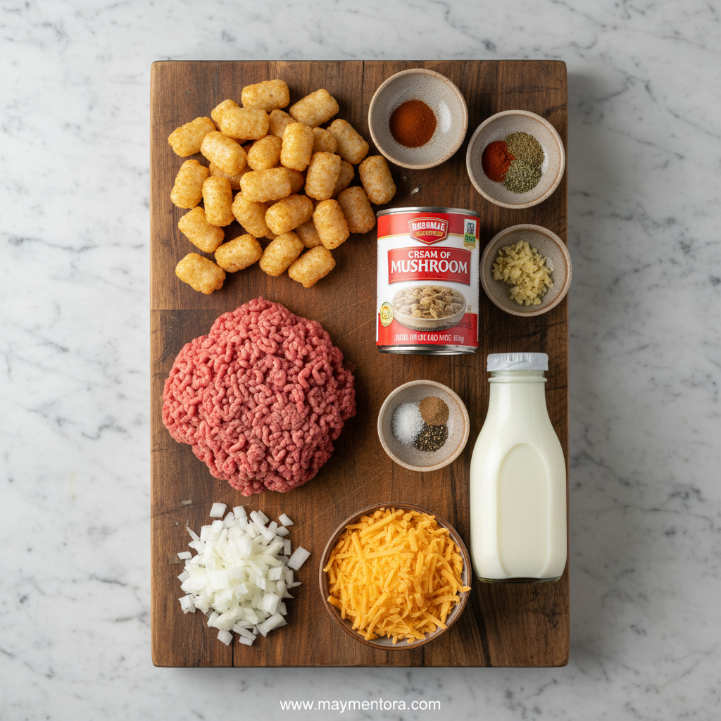 Ingredients for tater tot casserole including ground beef, cream of mushroom soup, cheese, and tater tots