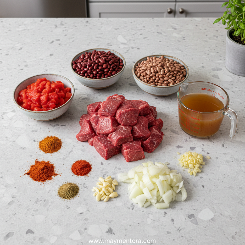 Fresh ingredients for slow cooker beef chili ready to prepare