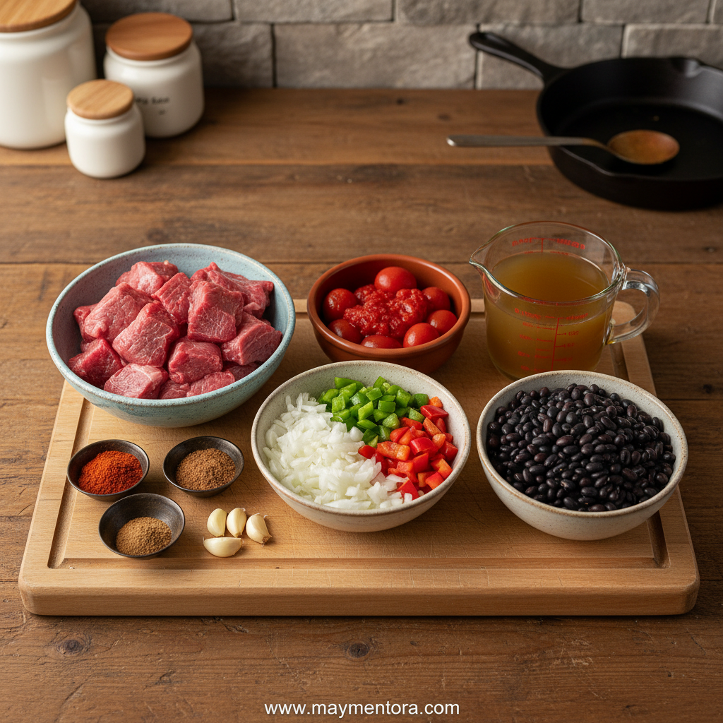 Ingredients for slow cooker beef chili arranged on counter