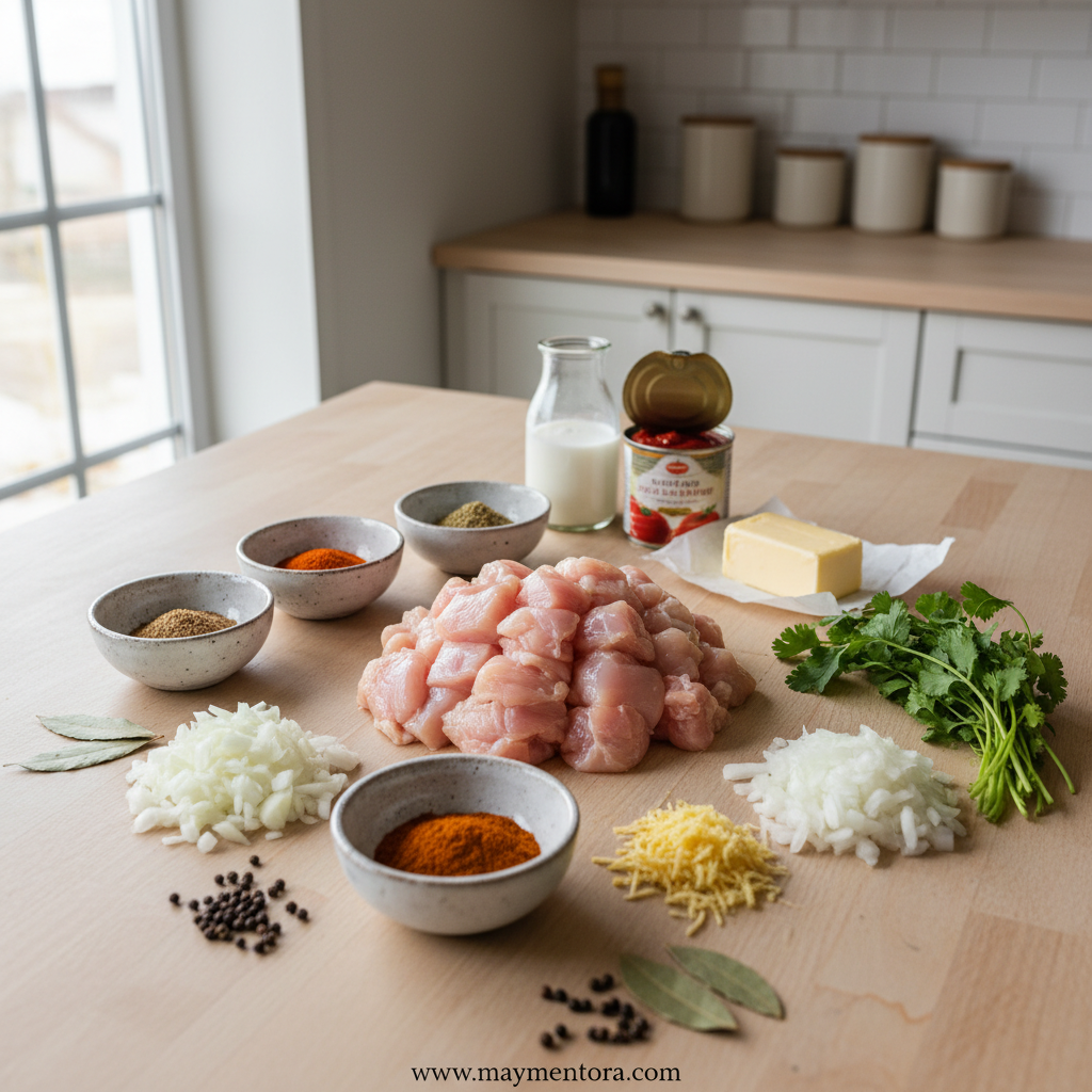 Fresh ingredients for skillet chicken breast including herbs, chicken, and vegetables