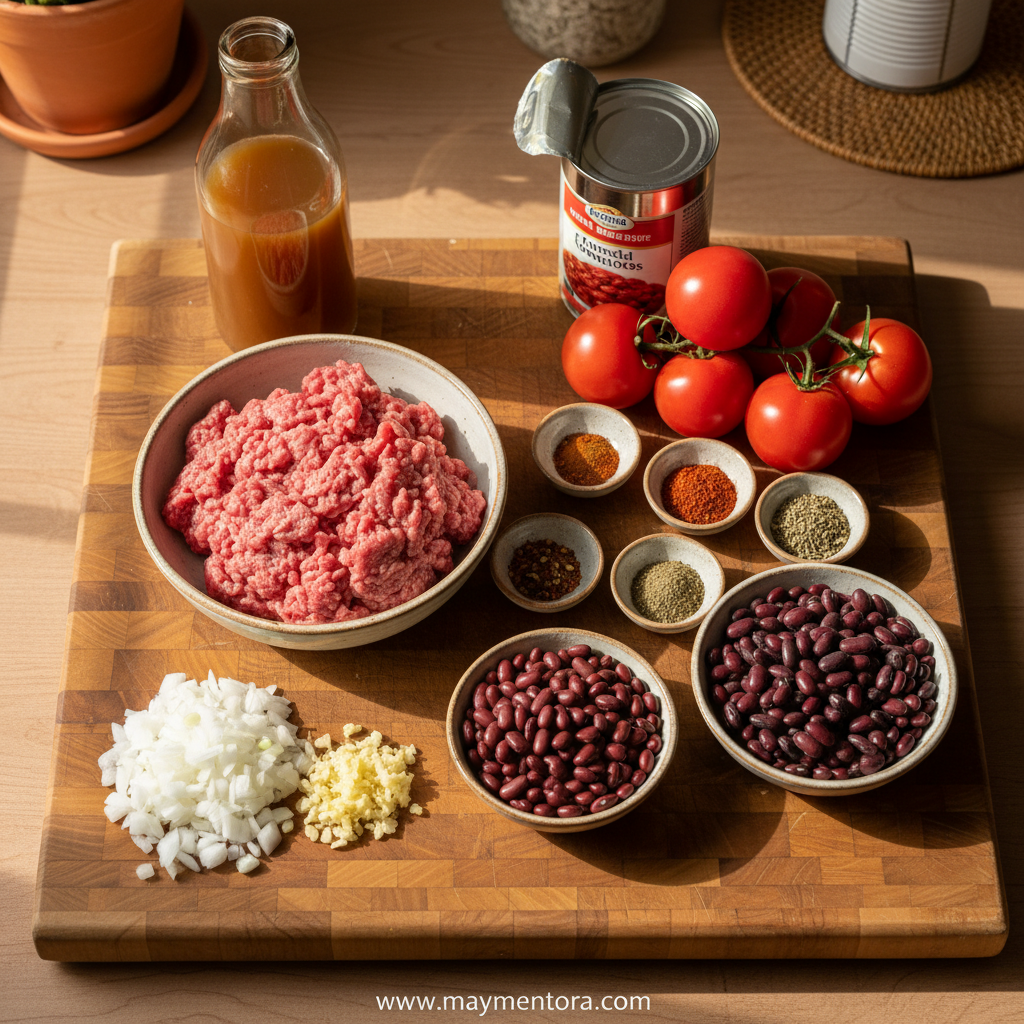 Ingredients for chili making including ground beef, beans, tomatoes and spices