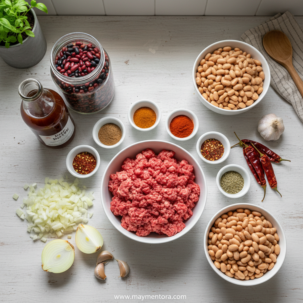 All ingredients laid out for making the best chili recipe including ground beef, beans, tomatoes, and spices