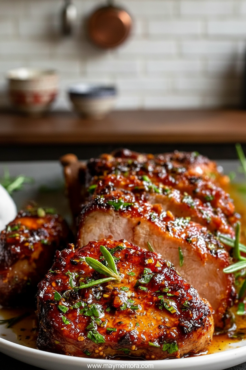 Delicious glazed maple mustard chicken served on a plate