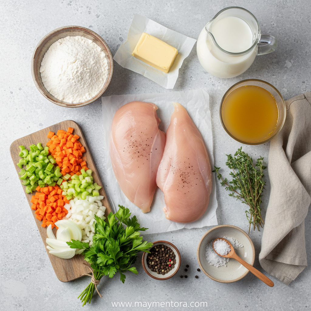 Fresh ingredients for cabbage soup laid out on counter