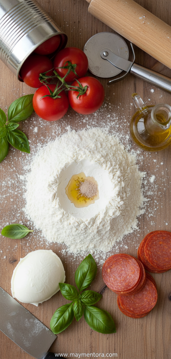 Ingredients for making easy homemade pizza dough: flour, yeast, water, salt, and olive oil