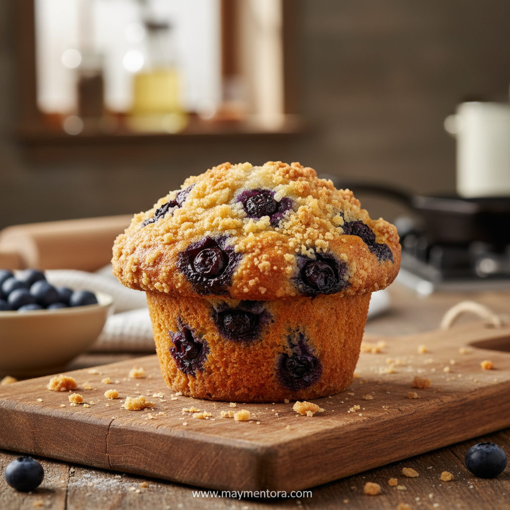 Golden brown bakery-style blueberry muffins with crunchy streusel topping and fresh blueberries