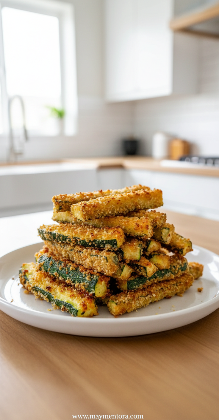 Crispy golden vegan air fryer zucchini fries served with dipping sauce