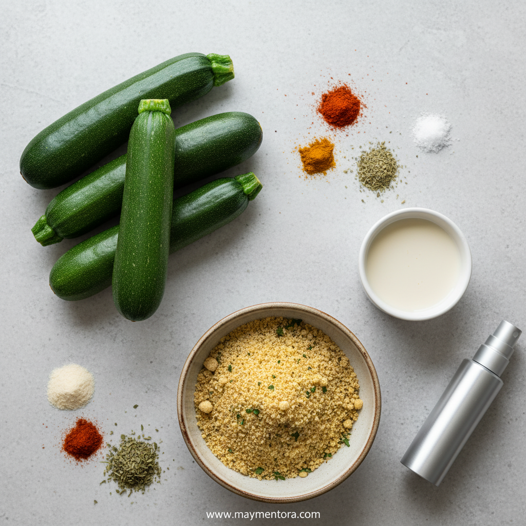 Ingredients for vegan zucchini fries including zucchini, breadcrumbs, and spices