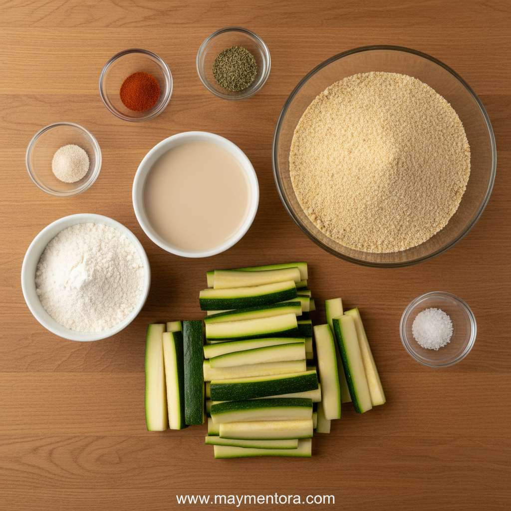 Fresh zucchini and coating ingredients for vegan zucchini fries