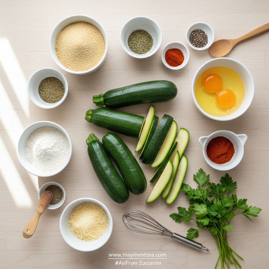 Ingredients for air fryer zucchini fries including zucchini, breadcrumbs, and seasonings
