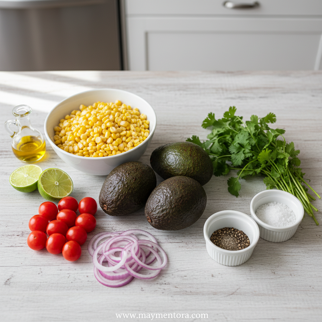 Fresh ingredients for avocado corn salad laid out on counter