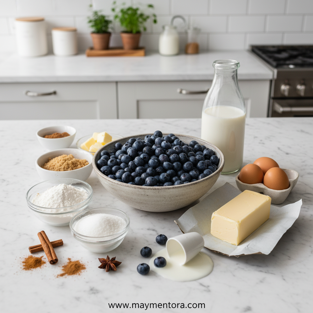 Ingredients for making bakery-style blueberry muffins with streusel