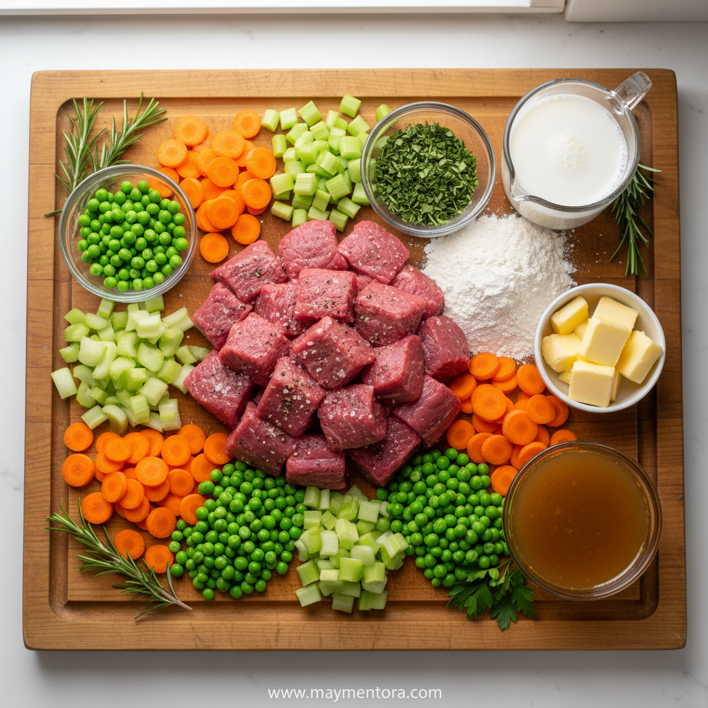 Fresh ingredients for herbed biscuit beef pot pie including beef, vegetables, and herbs