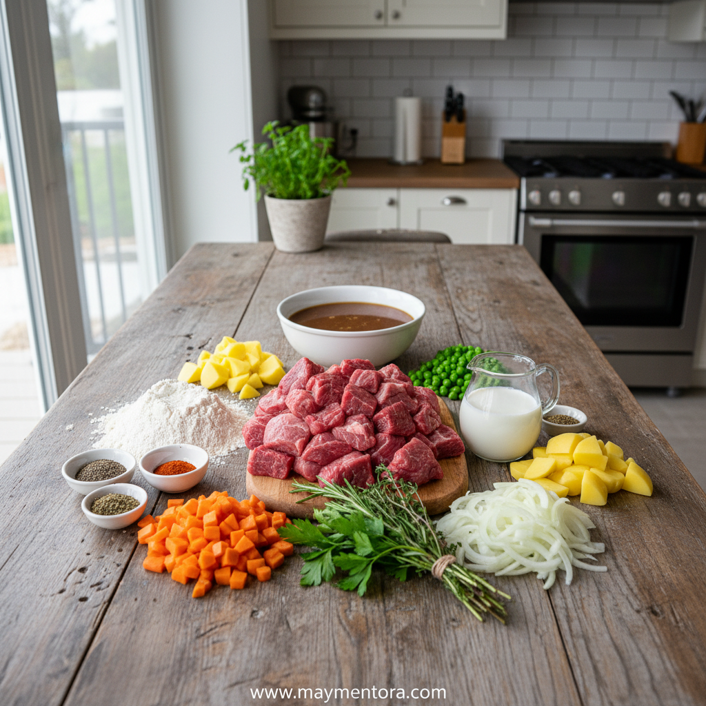 Fresh ingredients for herbed biscuit beef pot pie including beef, vegetables, and herbs