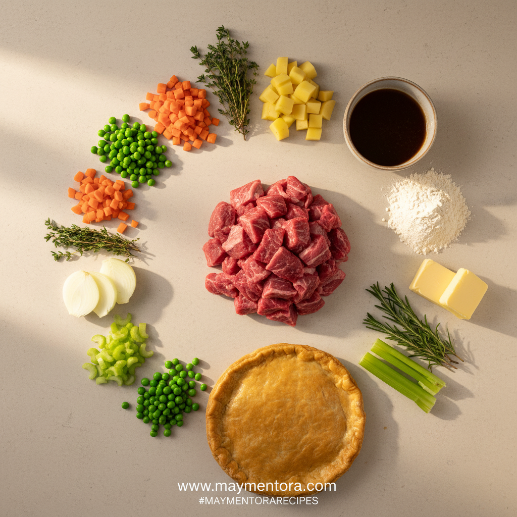Beef pot pie ingredients laid out on counter