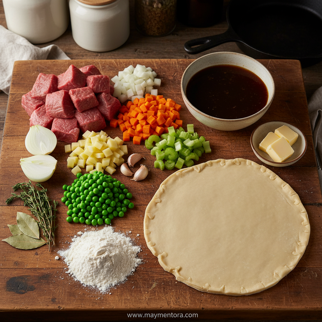 Ingredients for beef pot pie including beef, vegetables, and pastry