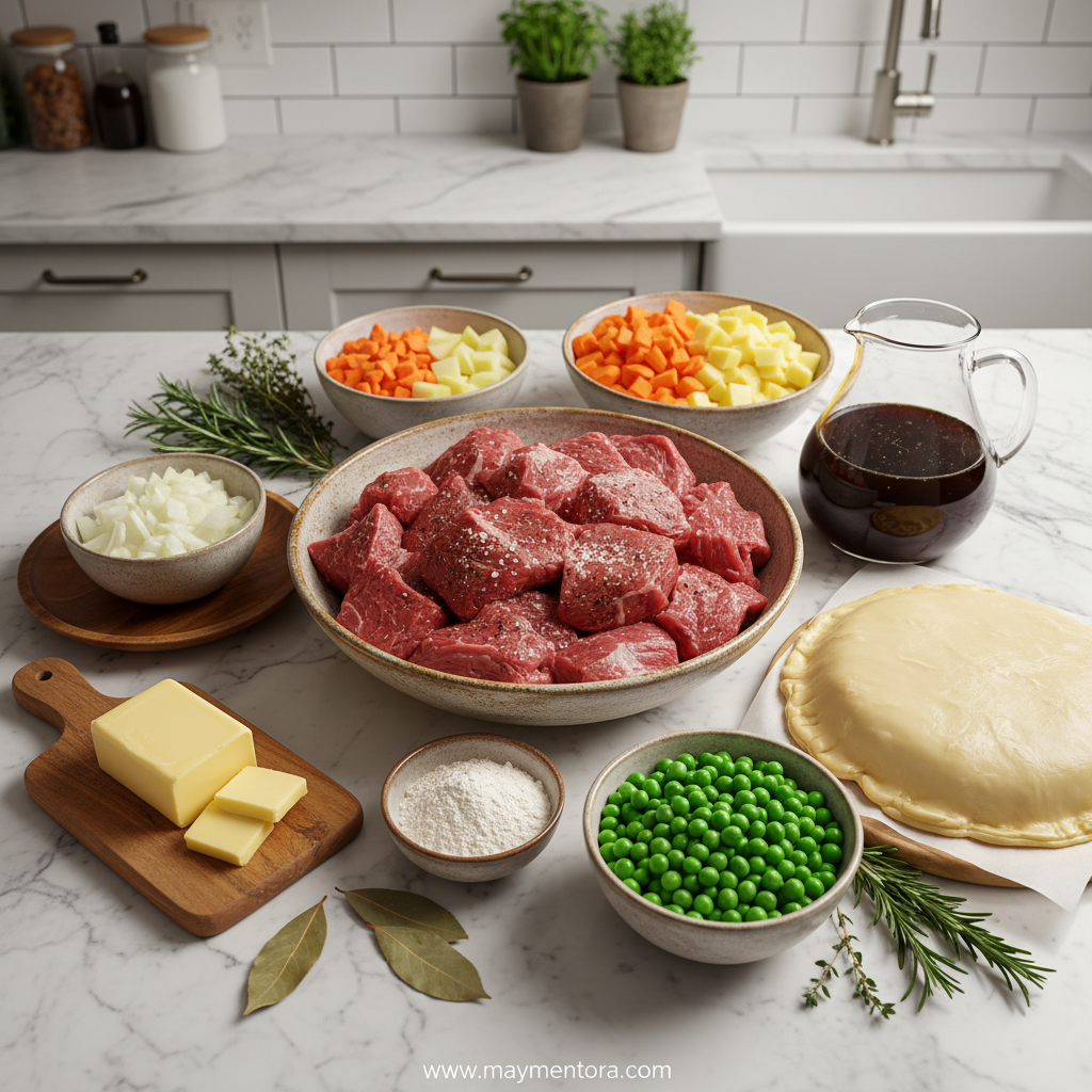 Fresh ingredients for making beef pot pie including beef, vegetables, and pastry