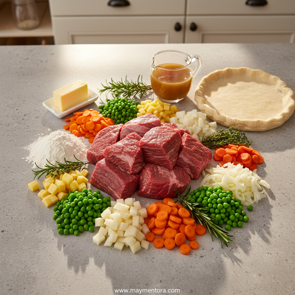 Fresh ingredients for beef pot pie including beef, vegetables, and pastry