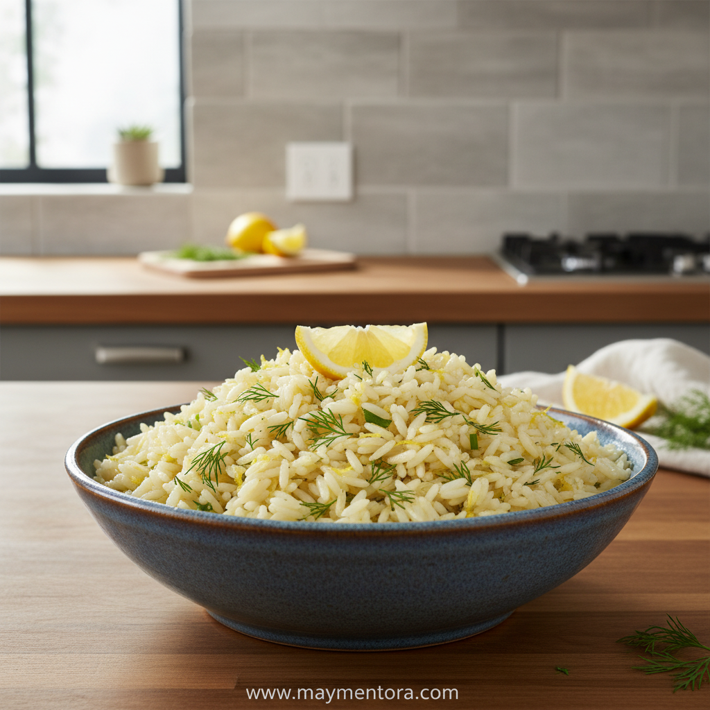 Beautiful golden fluffy Greek lemon rice served in a white bowl with lemon slices and fresh herbs