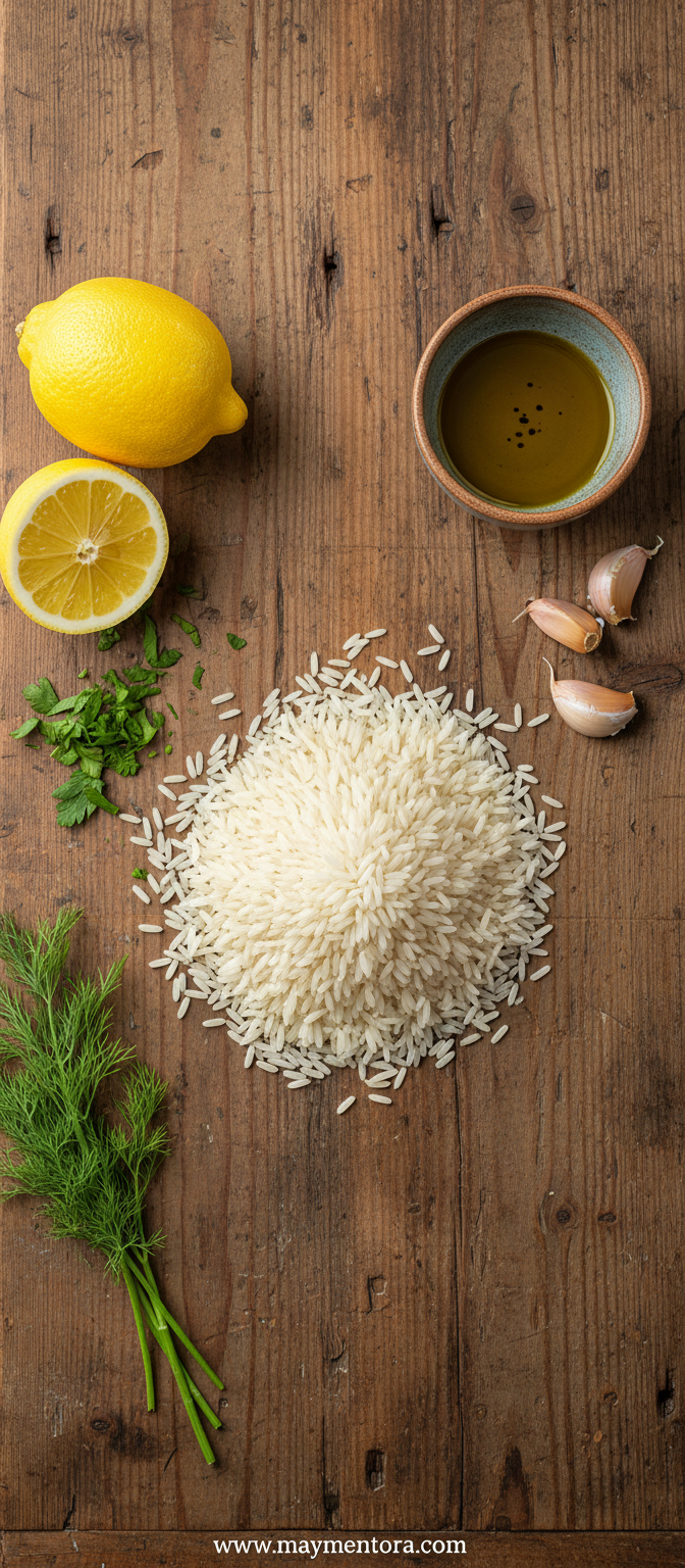 Ingredients for Greek lemon rice including rice, lemons, olive oil, and herbs