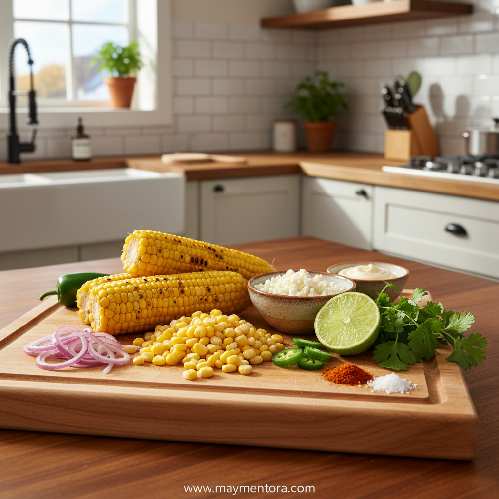 Fresh ingredients for Mexican corn salad including corn, cotija cheese, and spices
