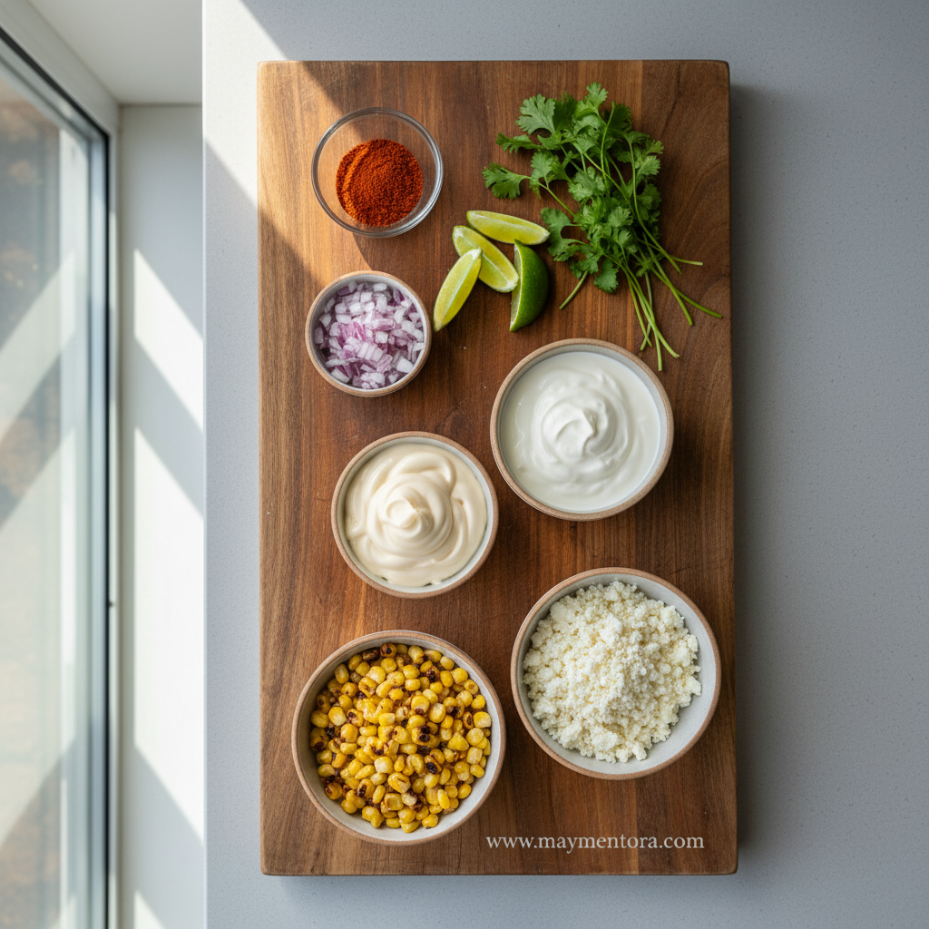 Fresh ingredients for Mexican street corn salad including corn, cotija cheese, lime, and spices