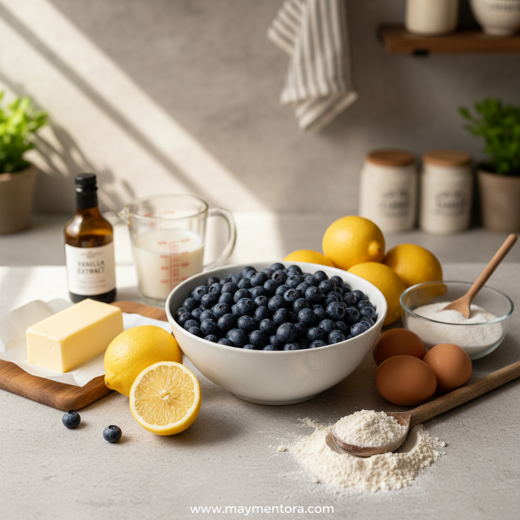 Fresh ingredients for blueberry lemon loaf including flour, sugar, eggs, and berries