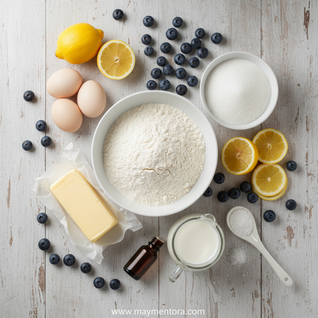 Ingredients for blueberry lemon loaf including flour, blueberries, lemons, sugar, and eggs