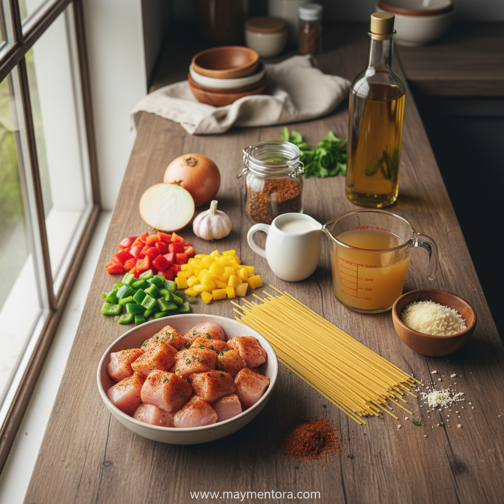 Fresh ingredients for Cajun chicken spaghetti including chicken, pasta, vegetables, and spices