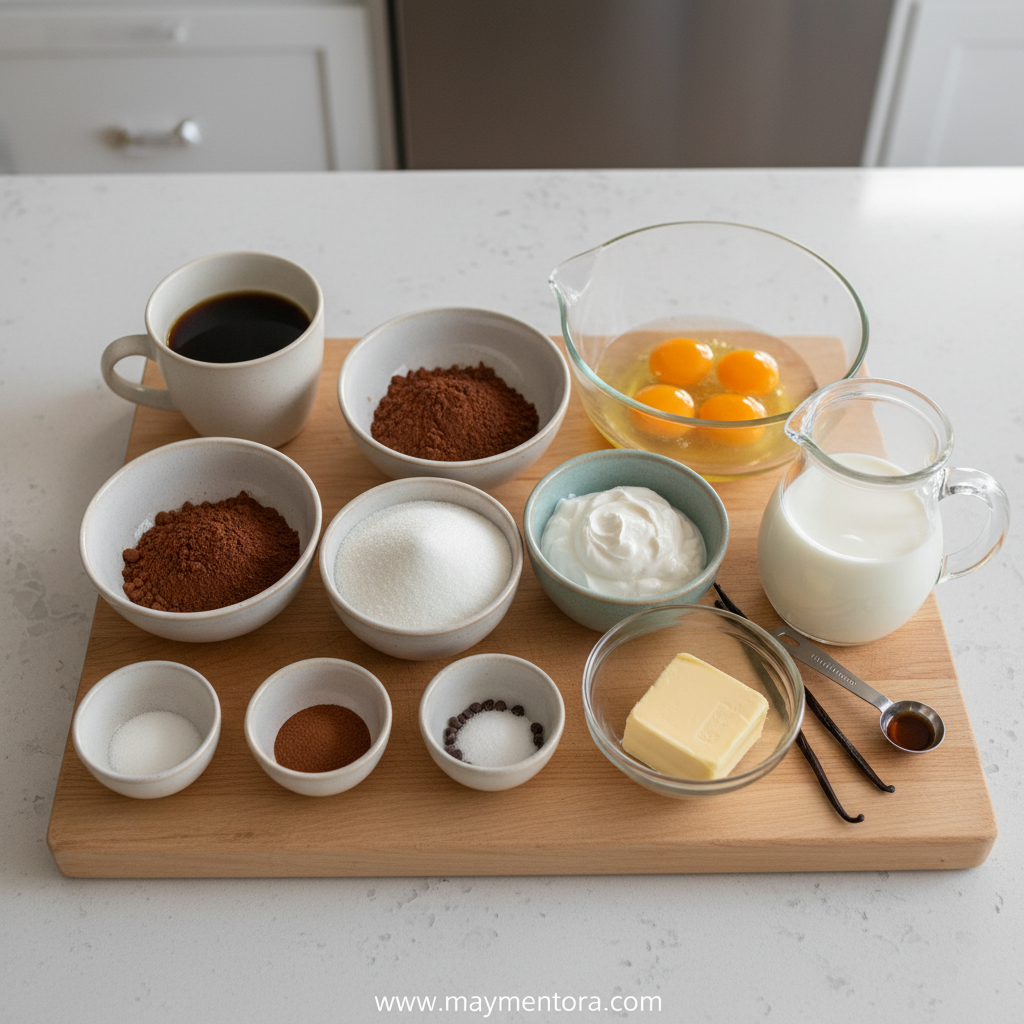 Ingredients for making Brick Street Chocolate Cake laid out on counter
