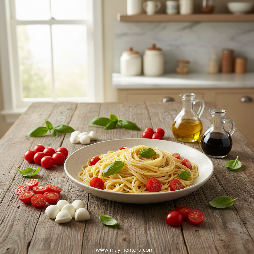 Fresh ingredients for bruschetta pasta salad including tomatoes, basil, and mozzarella