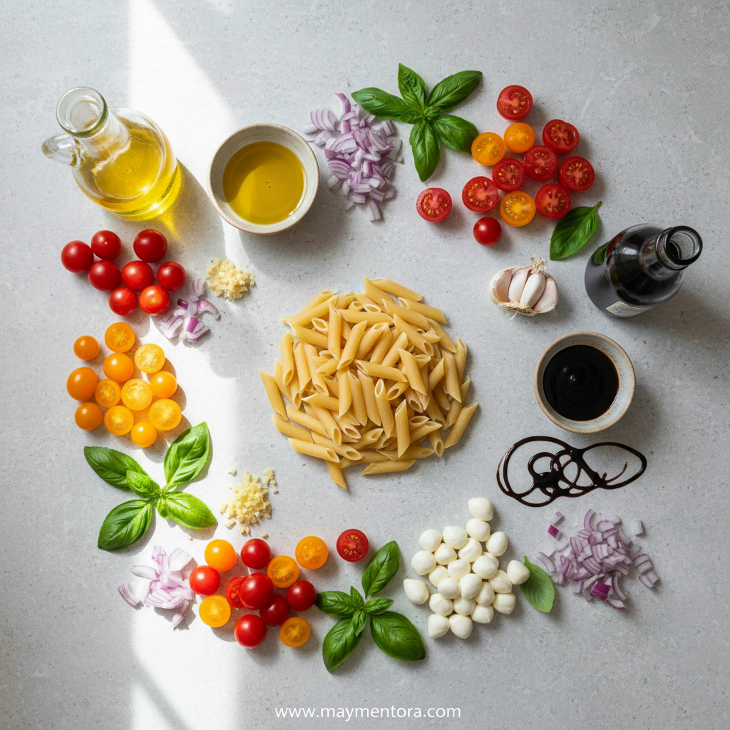Fresh ingredients for Bruschetta Pasta Salad including tomatoes, basil, and pasta